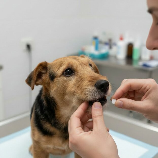 vet giving fox terrier a pill