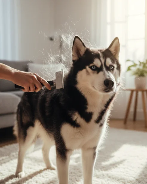 husky-getting-brushed