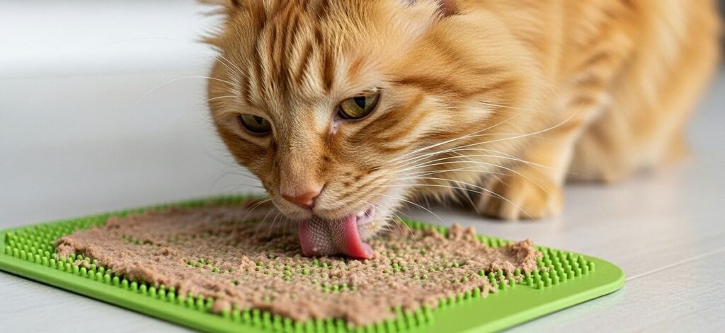 cat licking wet food from lick mat
