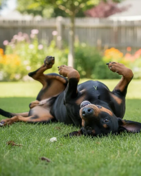 dobermann rolling on grass