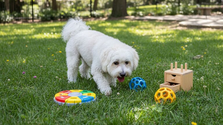 havanese playing outdoors with toys