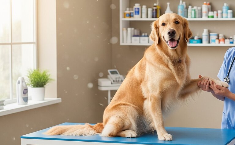 golden retriever on vet examination table