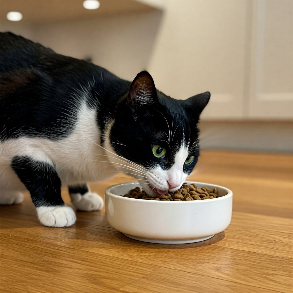 tuxedo cat eating kibble