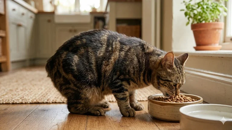 manx cat eating dry food from bowl