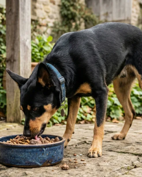 kelpie eating from bowl outdoors