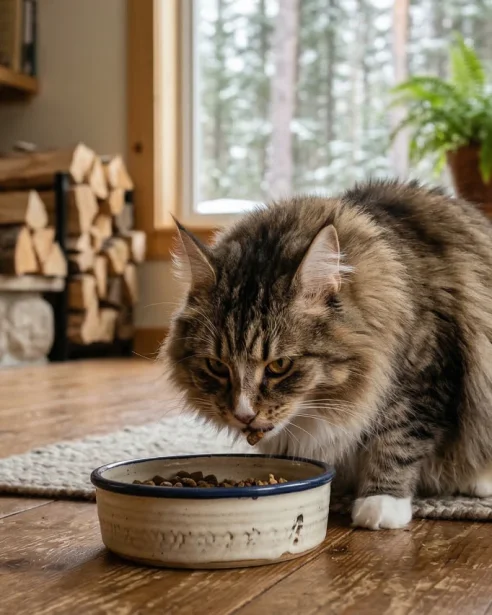 norwegian forest cat eating from bowl