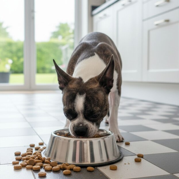 Boston terrier eating from bowl