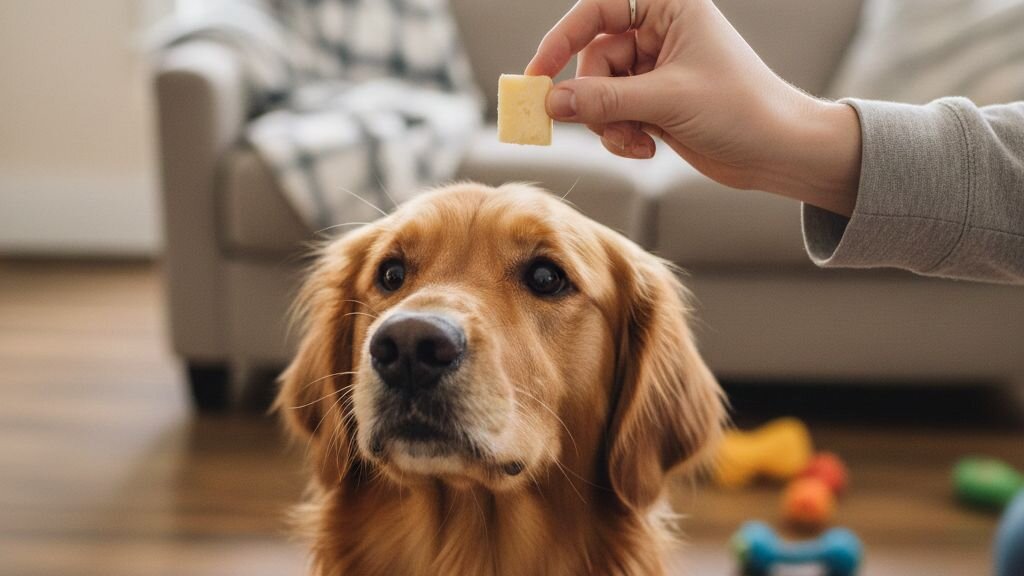 Golden Retriever looking at cube of cheese