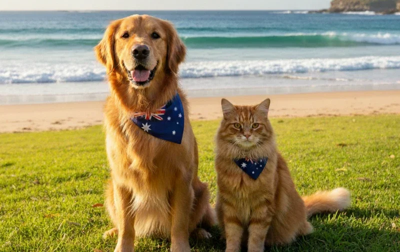 dog and cat at beach wearing Australian flag bandanas