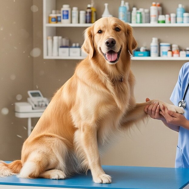 golden retriever on vet examination table