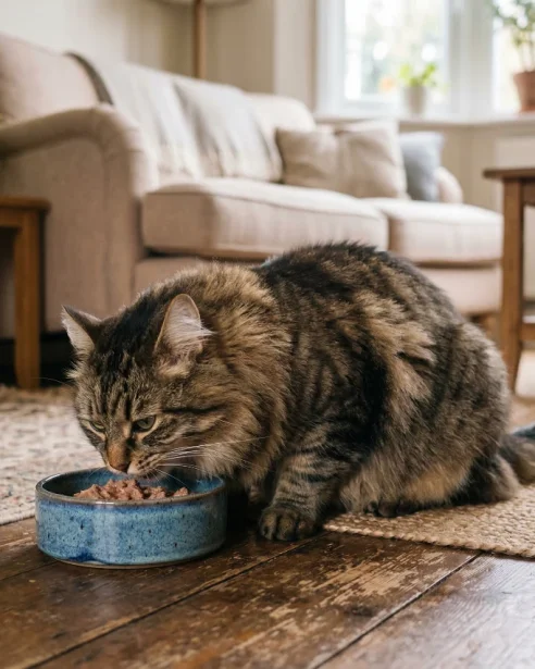 Siberian Cat eating from bowl