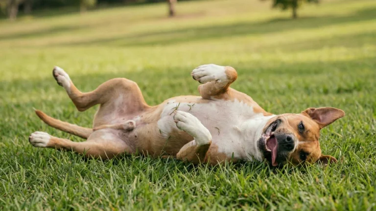 AmStaff rolling on grass