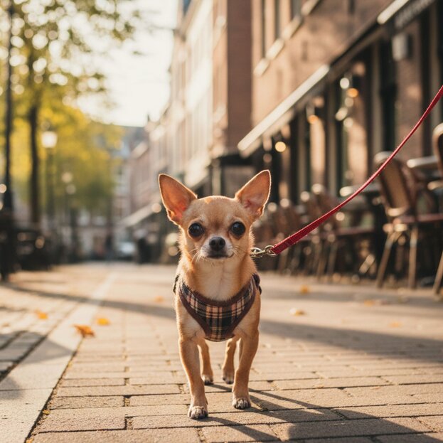 Chihuhua on lead and harness going for a walk