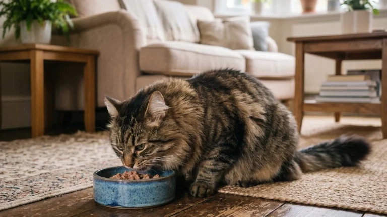 Siberian Cat eating from bowl