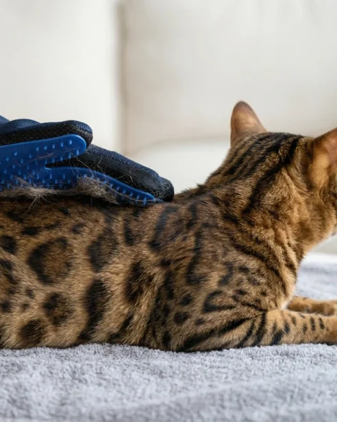 bengal cat being groomed with grooming glove