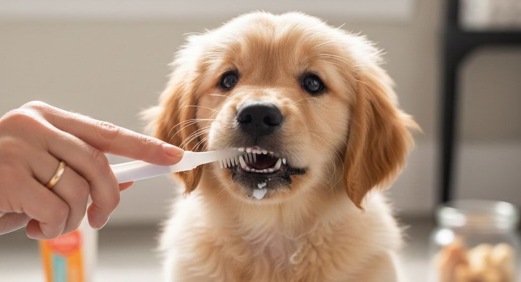 puppy having teeth brushed