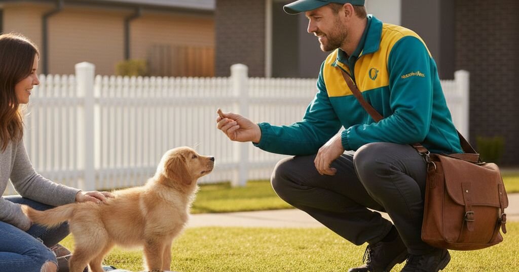 puppy meeting postman
