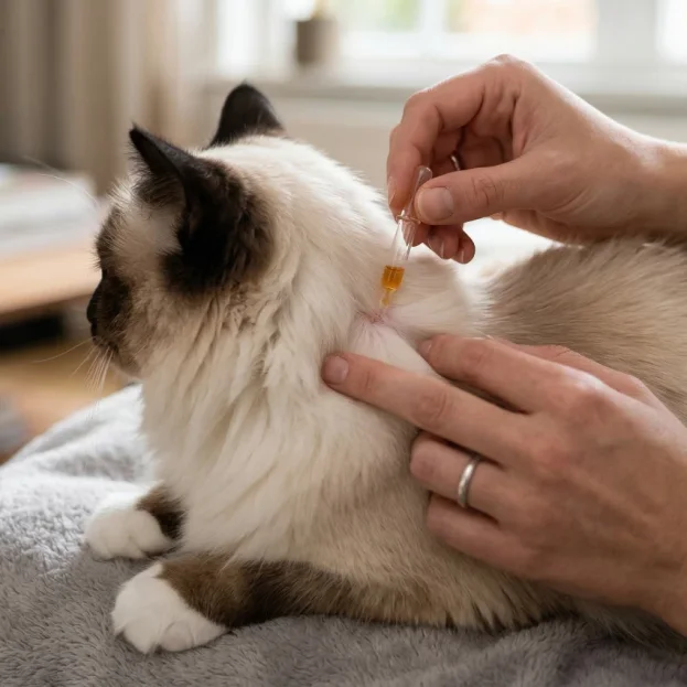 birman cat having parasite preventative applied