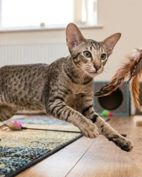 oriental shorthair playing with teaser toy