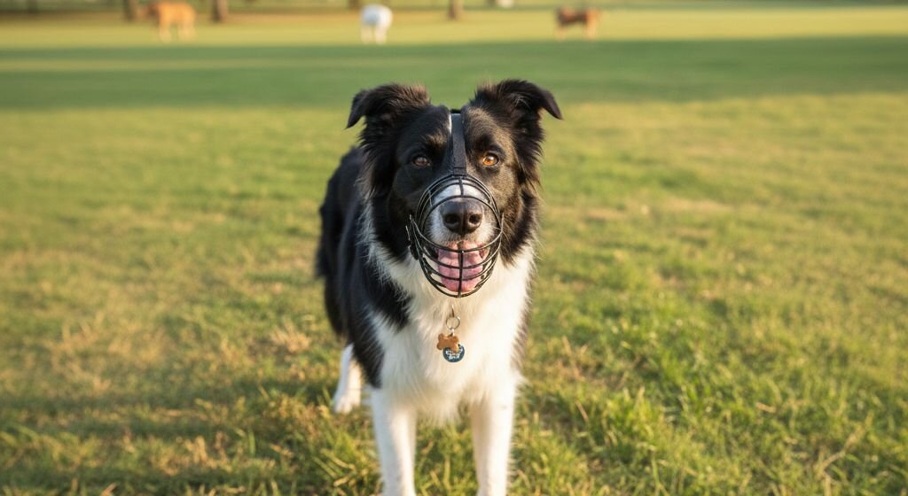 border collie wearing basket muzzle