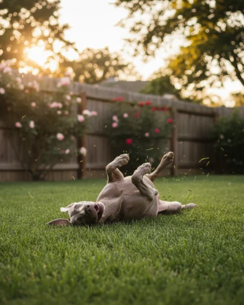 weimaraner rolling on grass outdoors