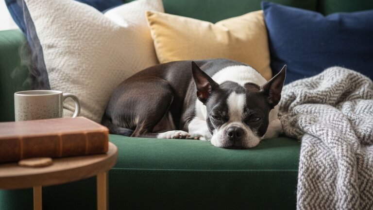 Boston terrier resting on sofa