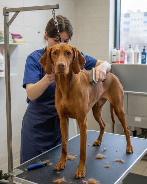 hungarian vizsla being professionally groomed