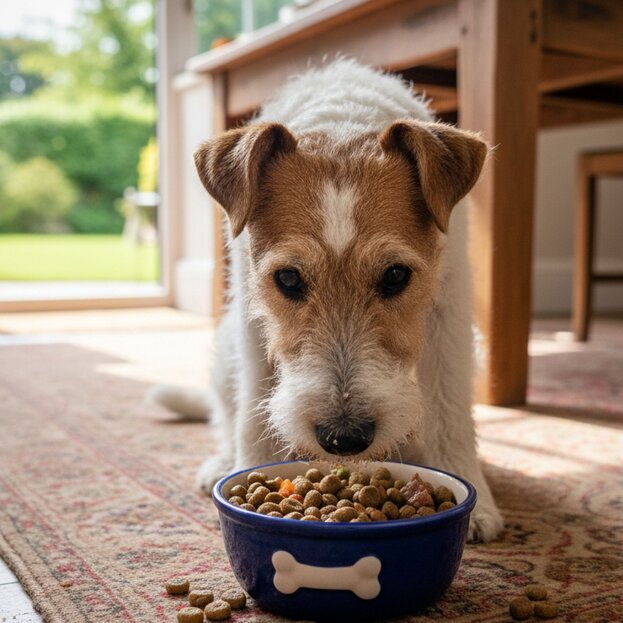 fox terrier eating dry food from a bowl