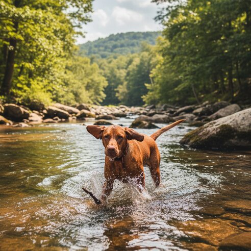 hungarian vizsla playing in water