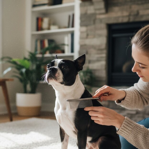 Boston terrier being groomed