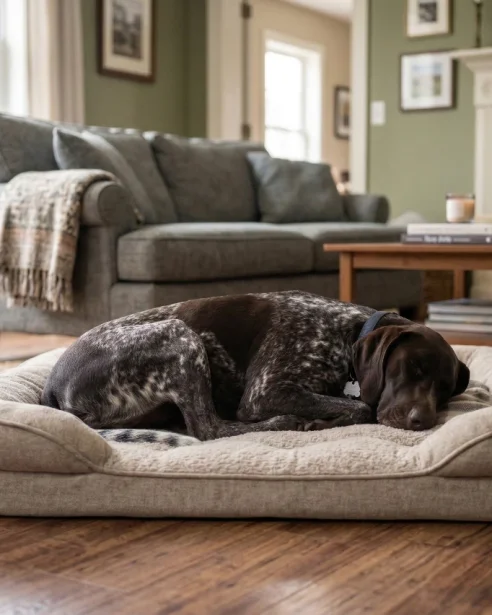 german shorthaired pointer sleeping indoors