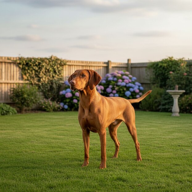 hungarian vizsla standing in backyard