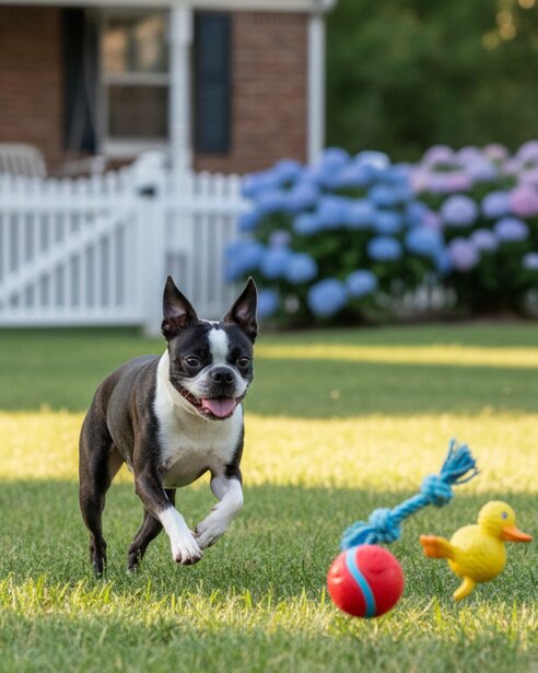 Boston terrier playing with toys outdoors