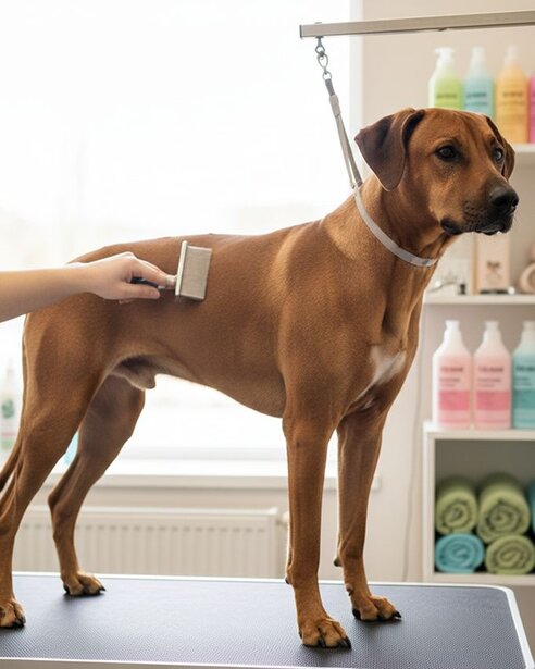 rhodesian ridgeback being groomed