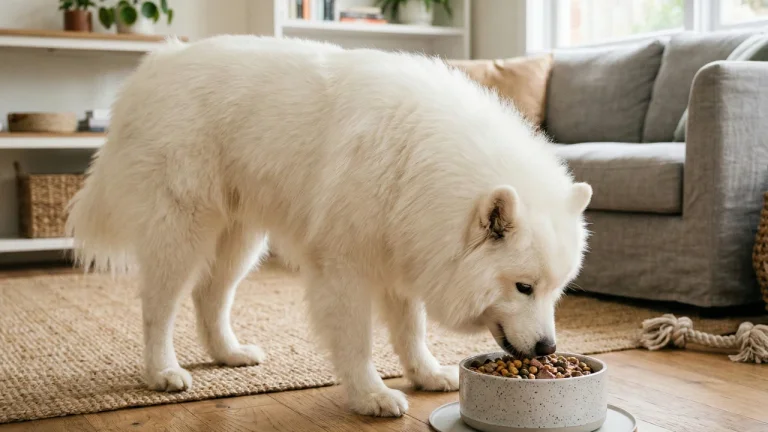 samoyed eating from bowl