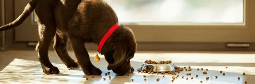 puppy eating dry food from bowl and floor