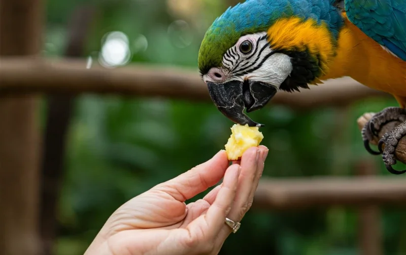 macaw eating fruit from human hand