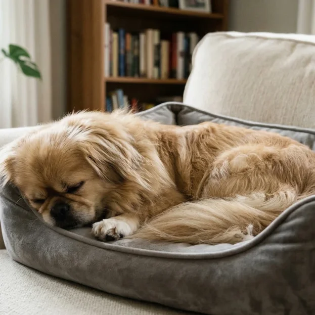 A photograph of the Pekingese curled up fast asleep inside a soft, grey plush dog bed, which is placed on a light-colored armchair.
