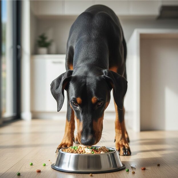 dobermann eating from bowl in kitchen