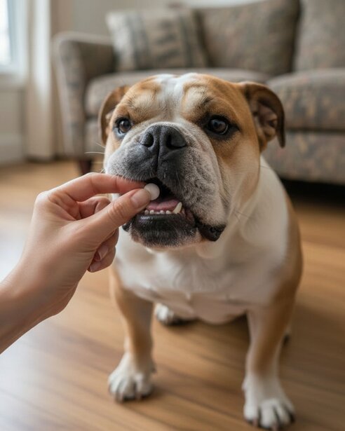 British bulldog being given a pill