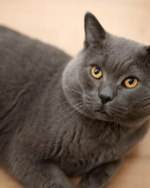 british shorthair lying on floor looking up