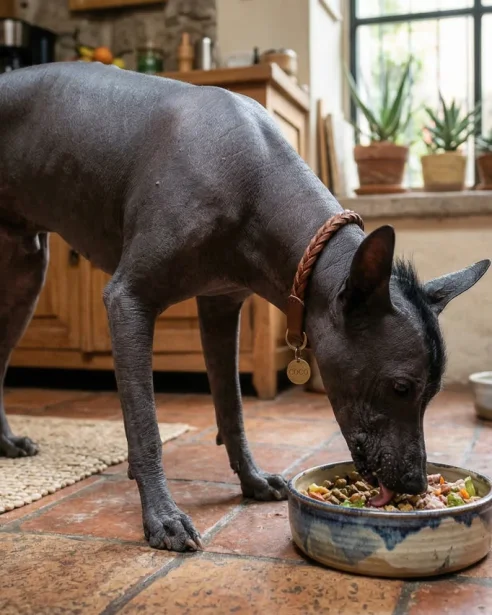 xoloitzcuintli eating from bowl