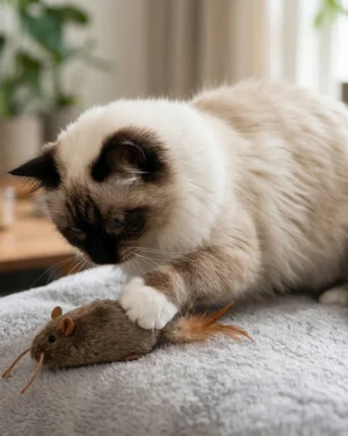 birman cat playing with toy mouse