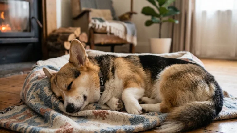 corgi sleeping on blanket in front of fire