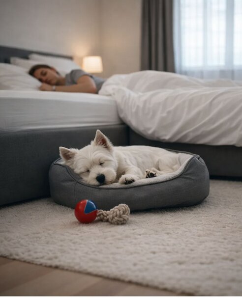 Westie sleeping in bed next to owner