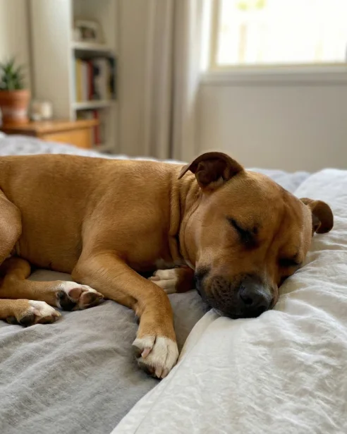 American staffy sleeping on bed