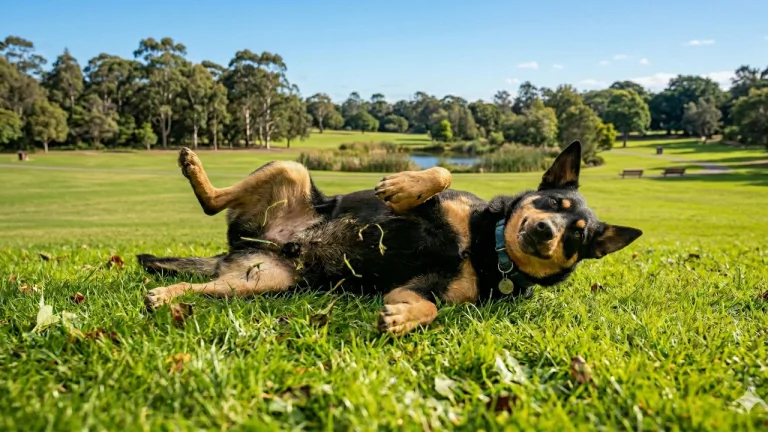 kelpie rolling on grass