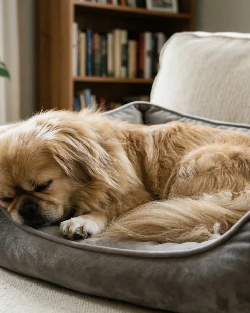 A photograph of the Pekingese curled up fast asleep inside a soft, grey plush dog bed, which is placed on a light-colored armchair.