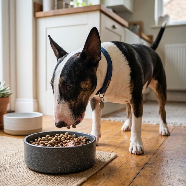 bull-terrier-eating-from-a-bowl