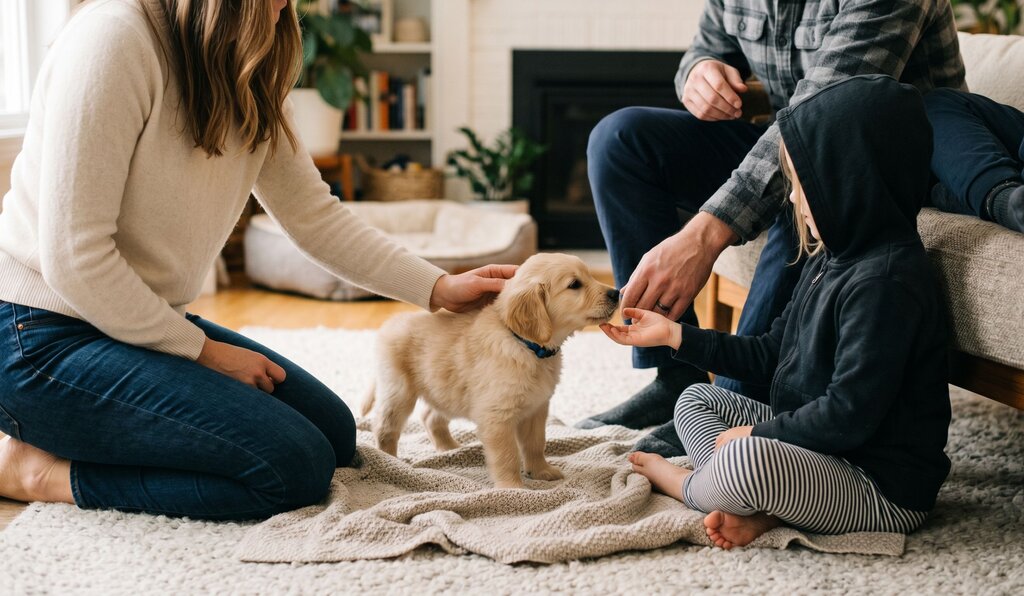 new puppy quietly meeting family members